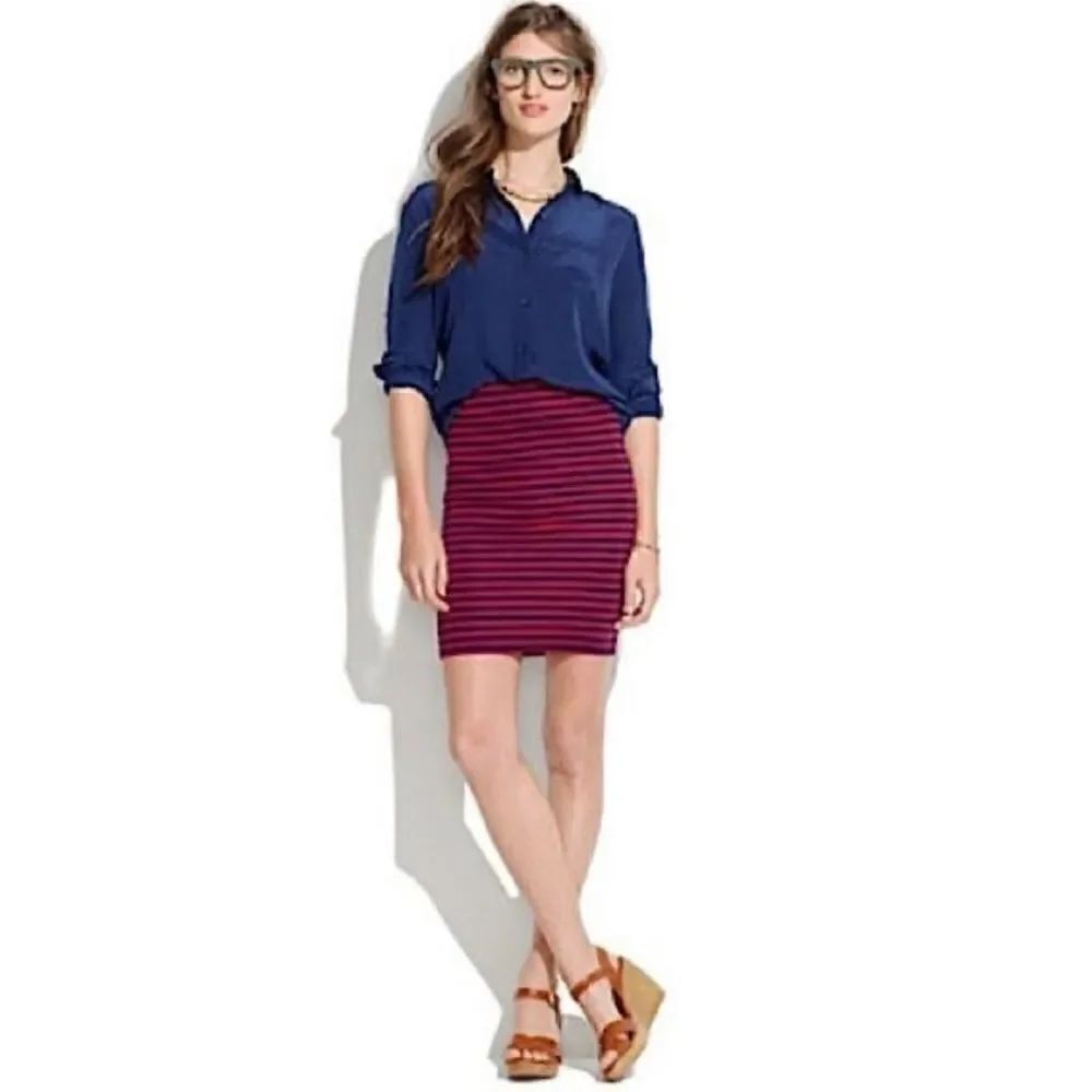 Madewell Striped Downtown Ponte Knit Mini Pencil Skirt Navy Red Women XS Stretch
